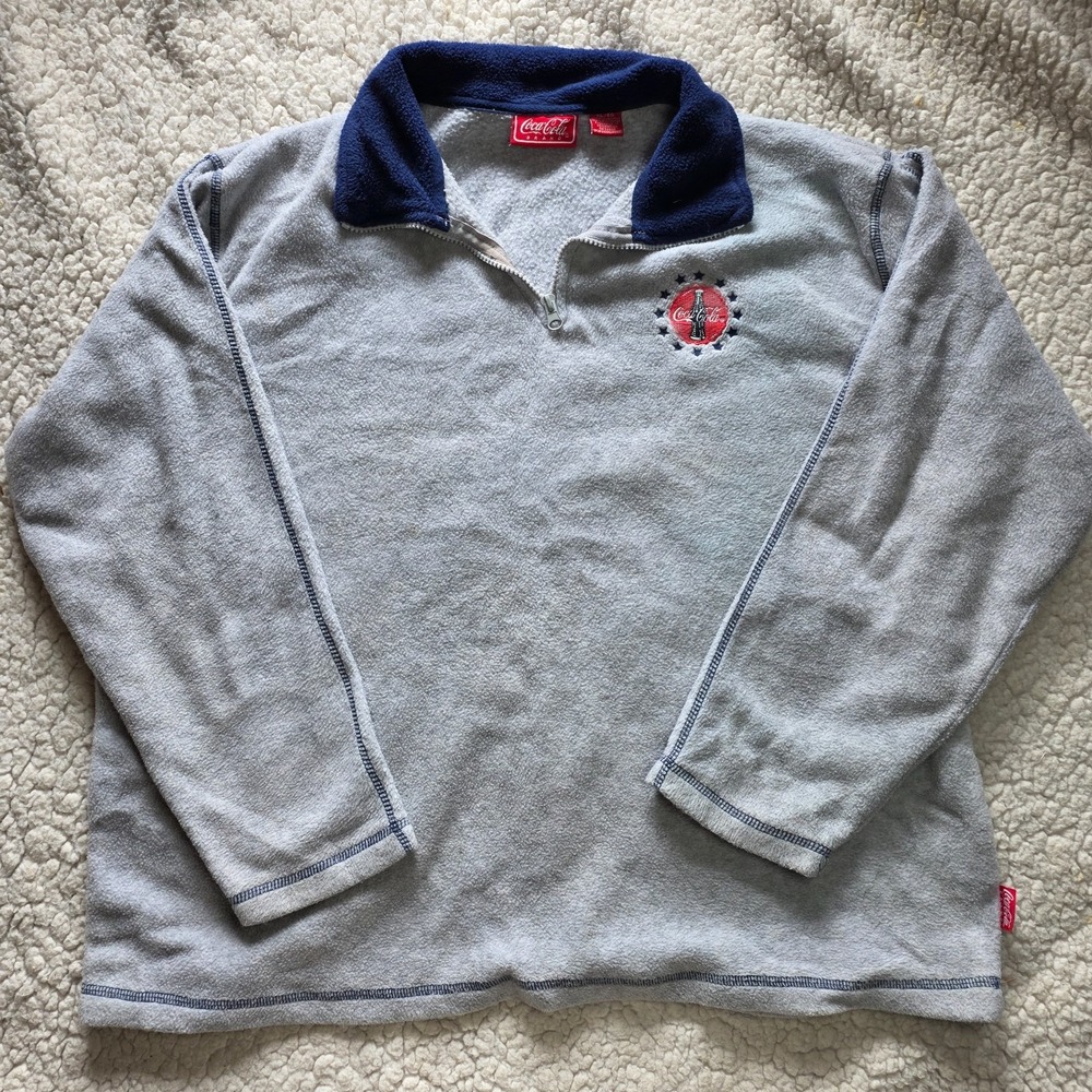 Vintage Coca Cola Men's Fleece Pullover Size XL Gray 1/4 Zip Y2K Grandpa Retro